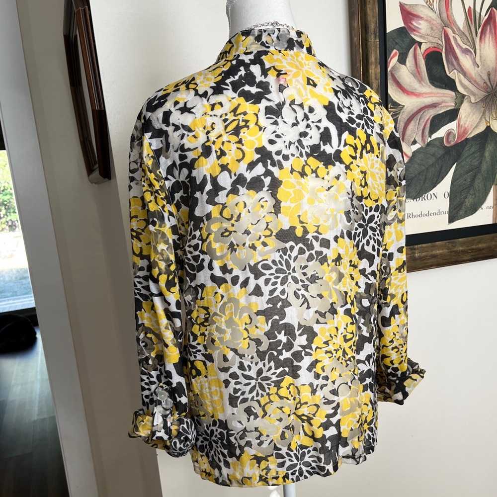 Ruby Rd. Floral Blouse in Yellow and Gray, sheer, long sleeve, front buttons - Picture 6 of 14